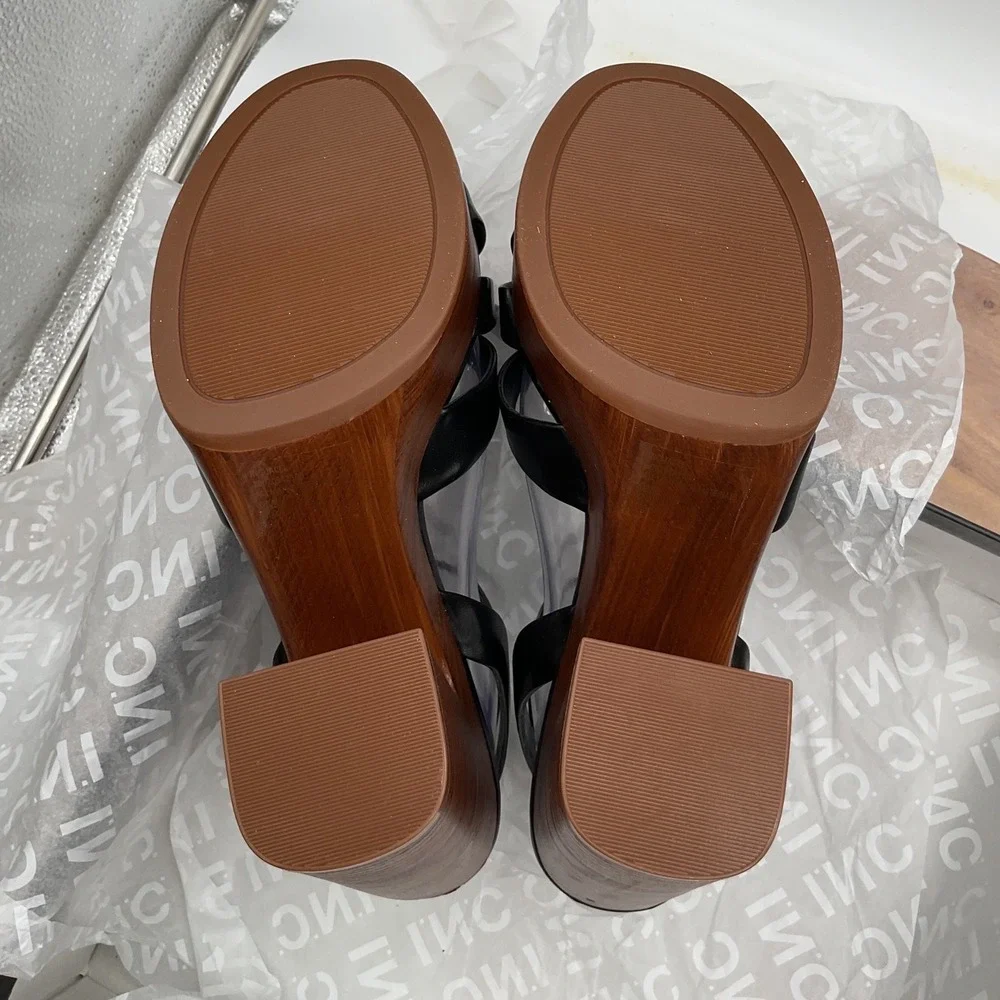 INC International Concepts Jacee Black Wood Grain Platform Sandals Womens‎ 9M